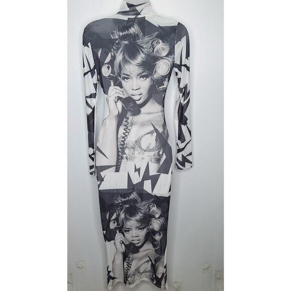 Kelly Obi Mesh Bodycon Midi Dress 90s Naomi Campbell Coke Cans Mesh Sheer Medium - Picture 11 of 11